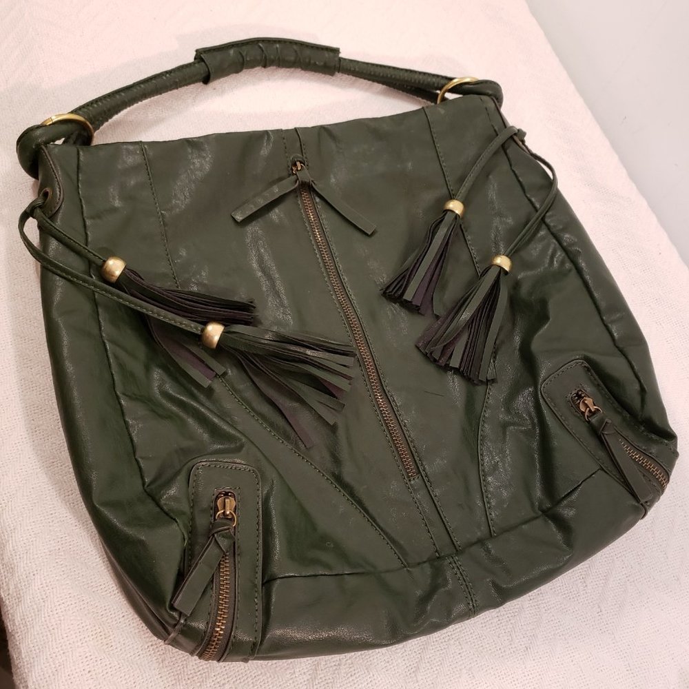 BUENO Green Slouchy Tote Bag Sz Large Vegan Leather Tassels Zippers *NOTE issues